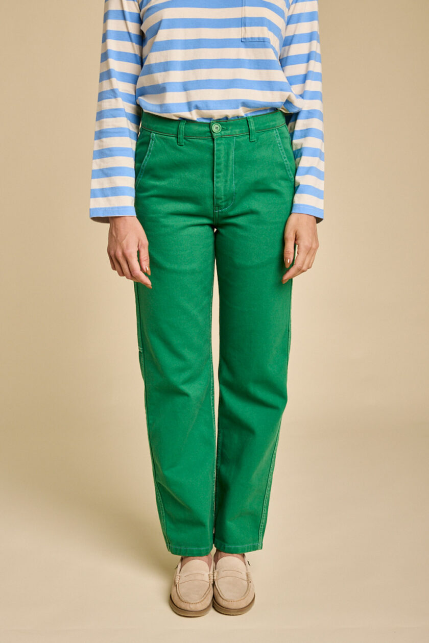 Pantalon Éclore, couleur verte, vue de face, Graine collection SS25